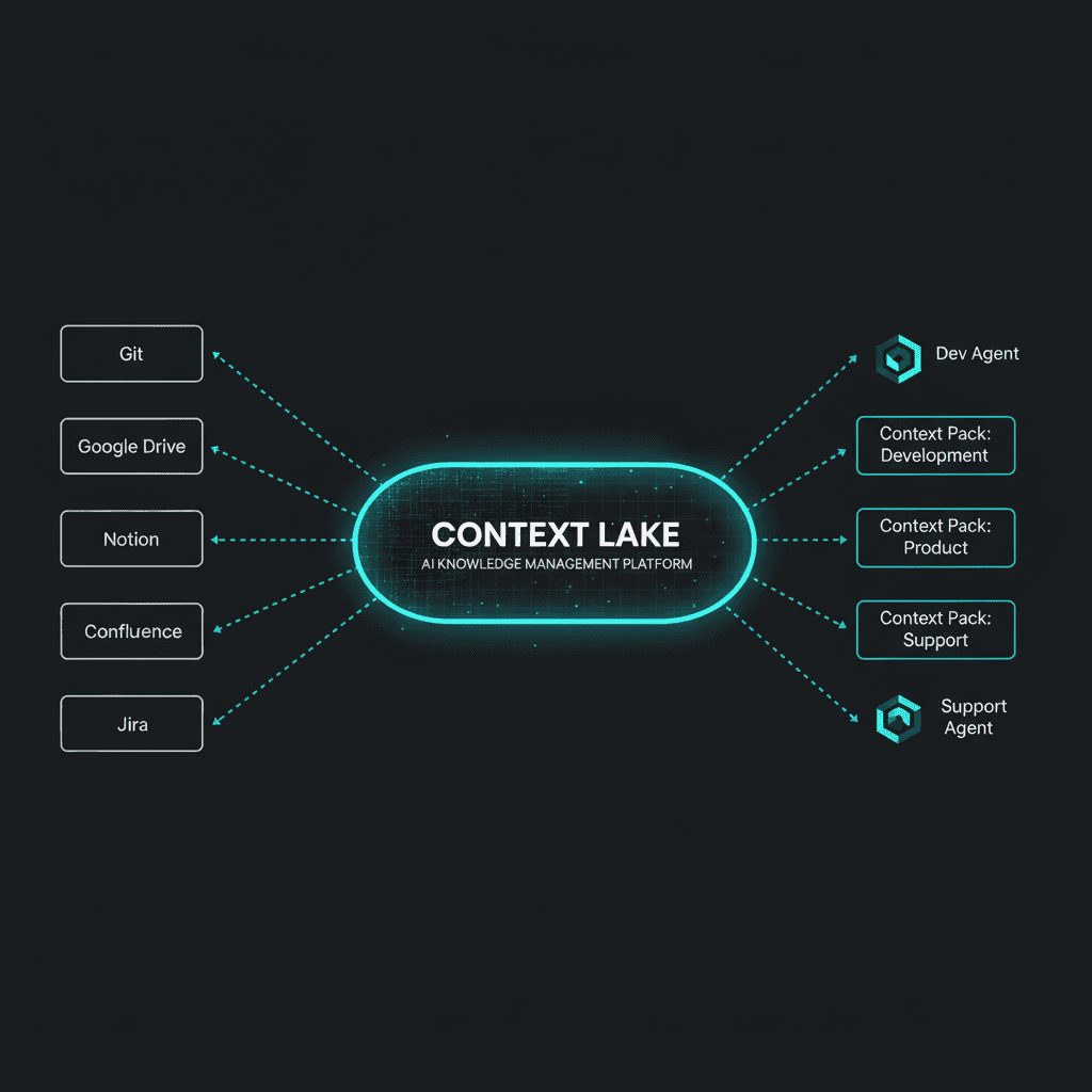 Context Lake — knowledge flows from enterprise sources into a central lake, then into deterministic context packs for AI agents